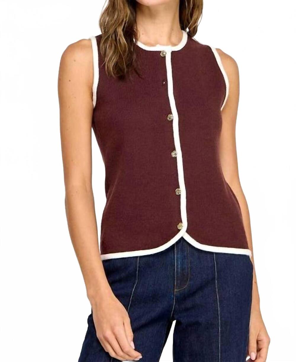 NEW MISS LOVE crew neck button down soft sweater vest in brown